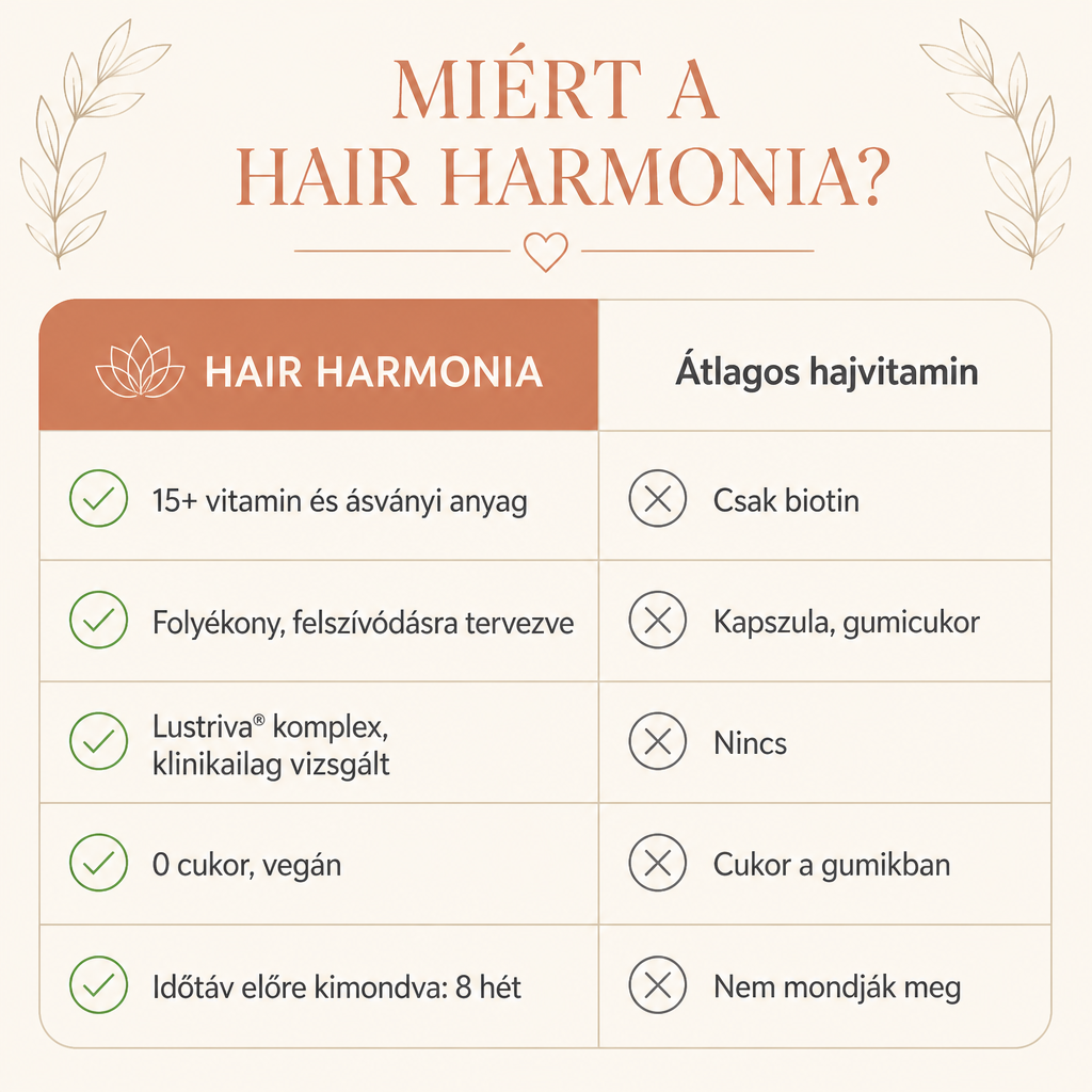 Hair Harmonia™ – Gyors, látható és tartós megoldás a hajhullásra, a vékonyodó hajvonalra és az élettelen hajra – 15+ vitaminnal és Lustriva® komplexszel
