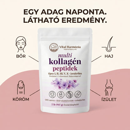 Collagen Harmonia™ fő előnyök - bőr haj köröm ízület - 5 típusú kollagén infografika
