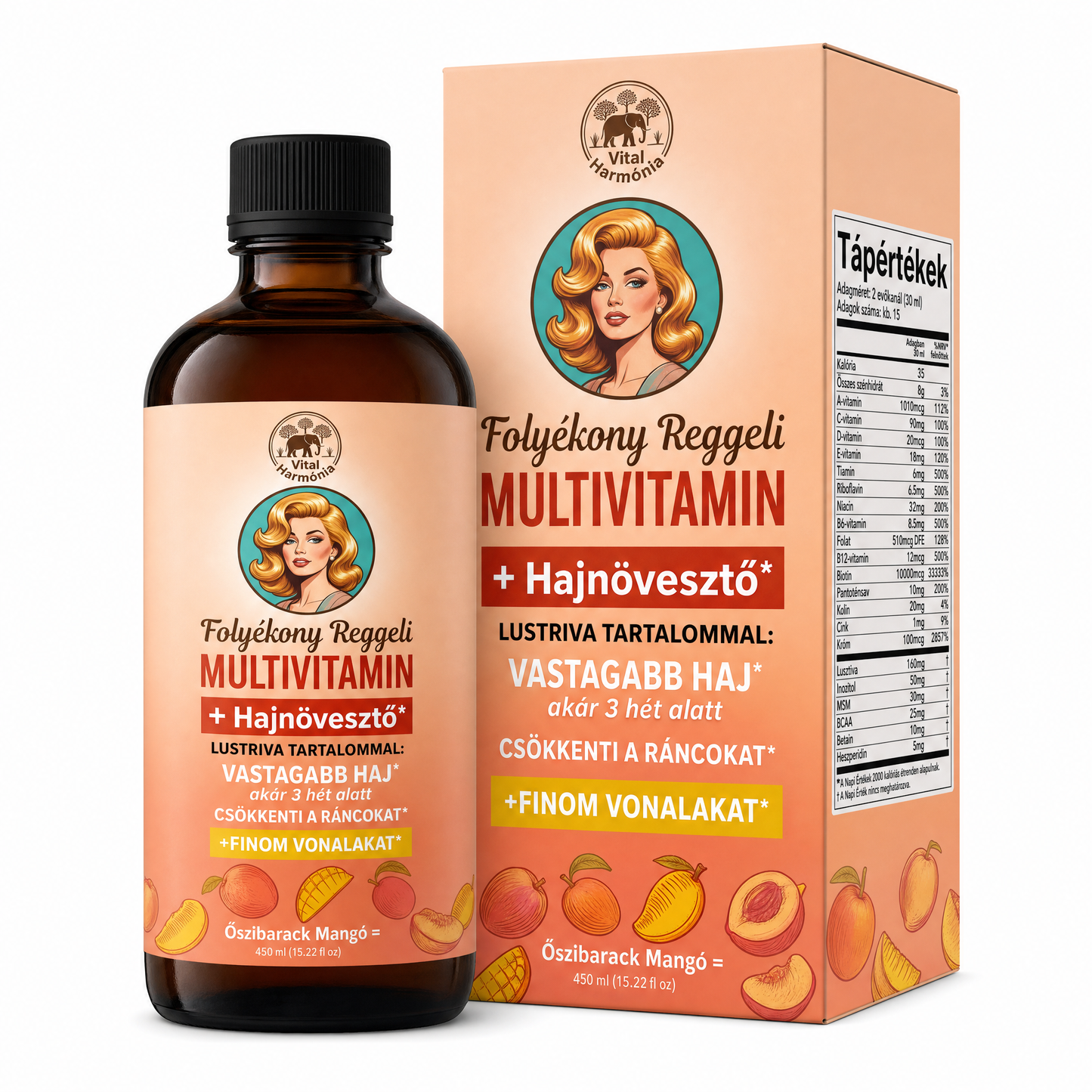 Hair Harmonia™ - Folyékony Reggeli Multivitamin + Hajnövesztő - Vital Harmónia - üveg őszibarack-mangó