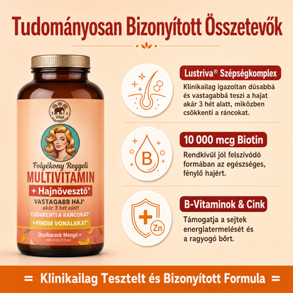 Hair Harmonia™ – Folyékony Multivitamin a dúsabb, erősebb hajért – 15+ vitamin, Biotin 10.000 mcg, Lustriva® hajnövesztő komplexszel