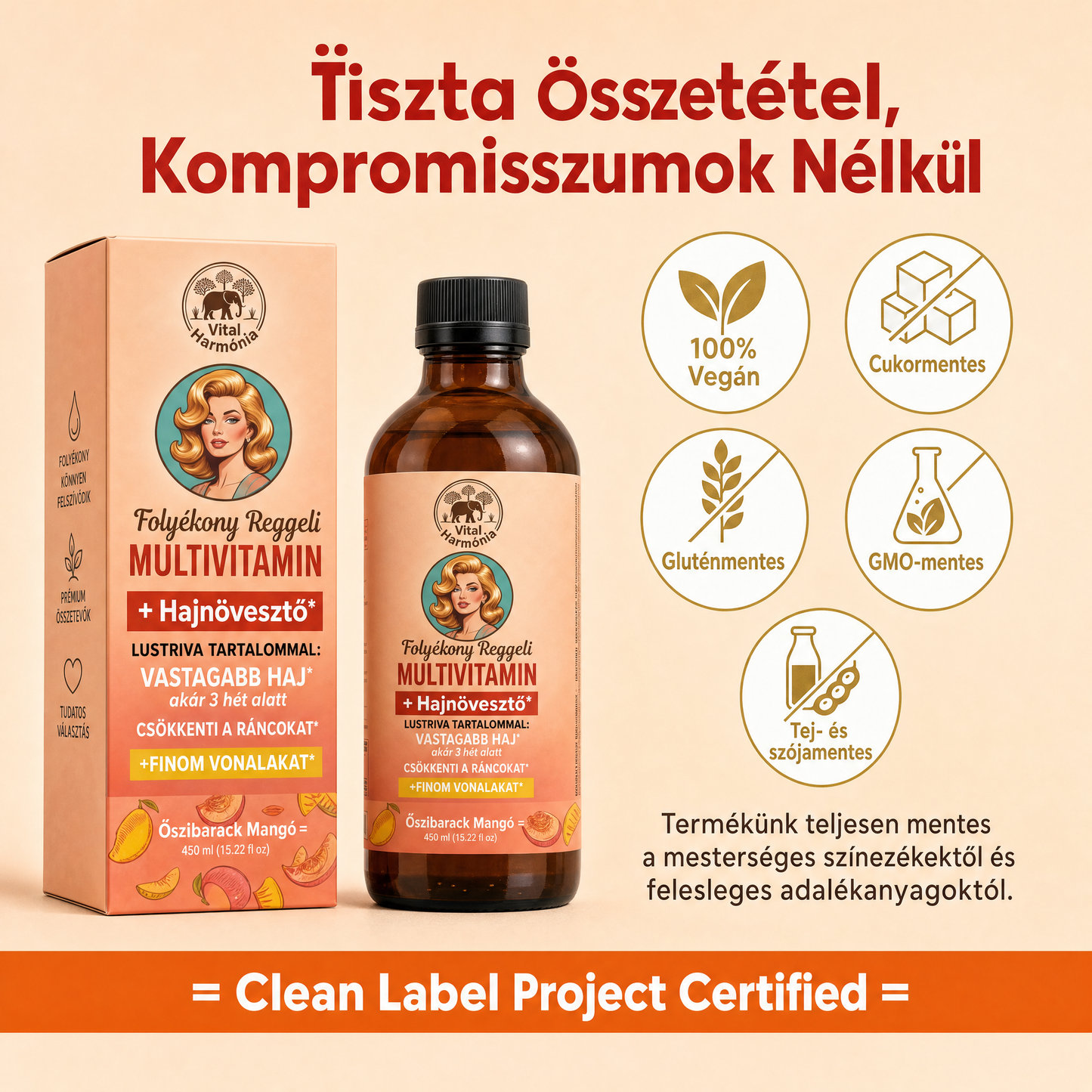 Hair Harmonia™ – Folyékony Multivitamin a dúsabb, erősebb hajért – 15+ vitamin, Biotin 10.000 mcg, Lustriva® hajnövesztő komplexszel